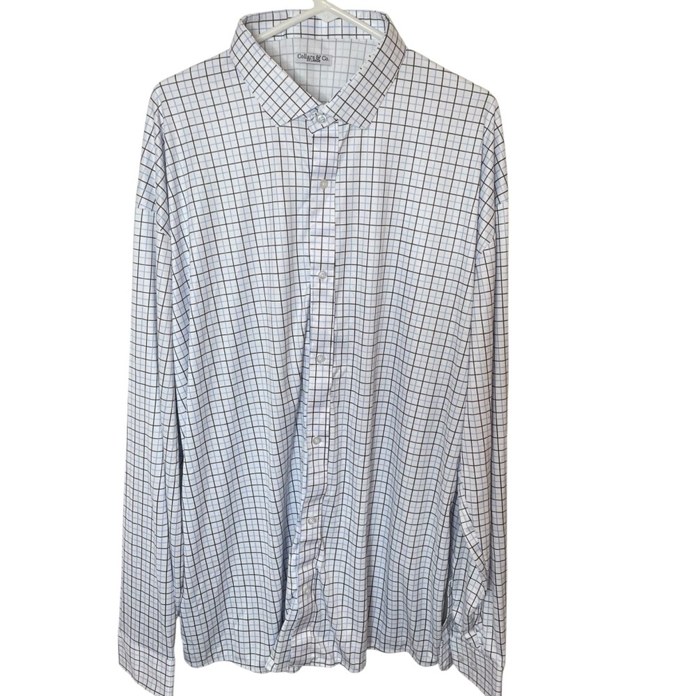 NWOT Collars & Co‎ White Blue Brown Quattro Flex Semi Spread Collar Shirt XXXL